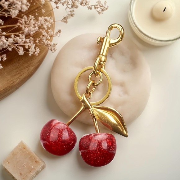 Accessories - Chic Gold and Red Cherry Keychain